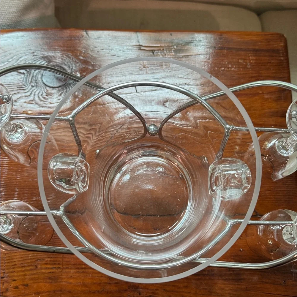 Vintage Glass Godinger Champs Ice Bucket and 4 Silver Rimed Champ Glasses